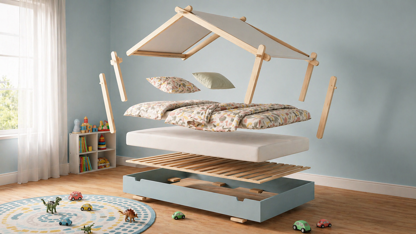 Bed with wooden frame and mattress in a room with toys on the floor.