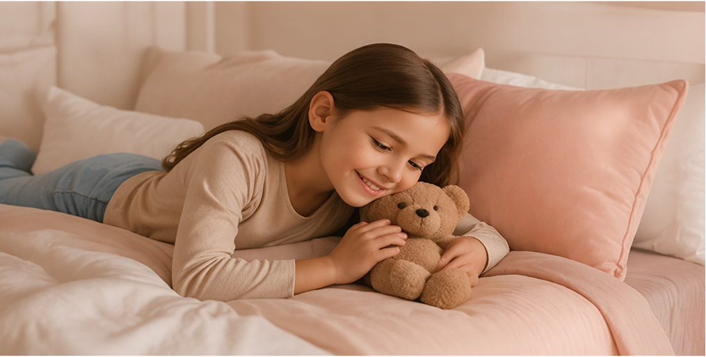 Young girl lying on a bed with a teddy bear, surrounded by pink pillows.