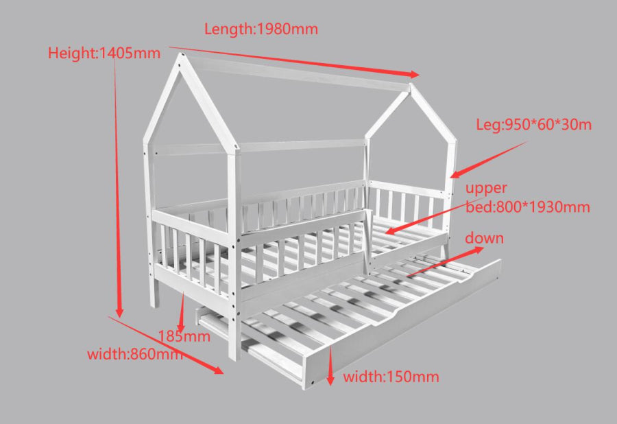 White children's bed with dimensions marked on a gray background